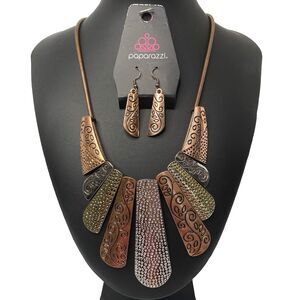 Paparazzi Untamed Hammered Copper Gold Silver Vine Necklace and Earring Set